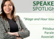 Speaker Spotlight, woman in checkered jacket speaking on Wage and Hour issues